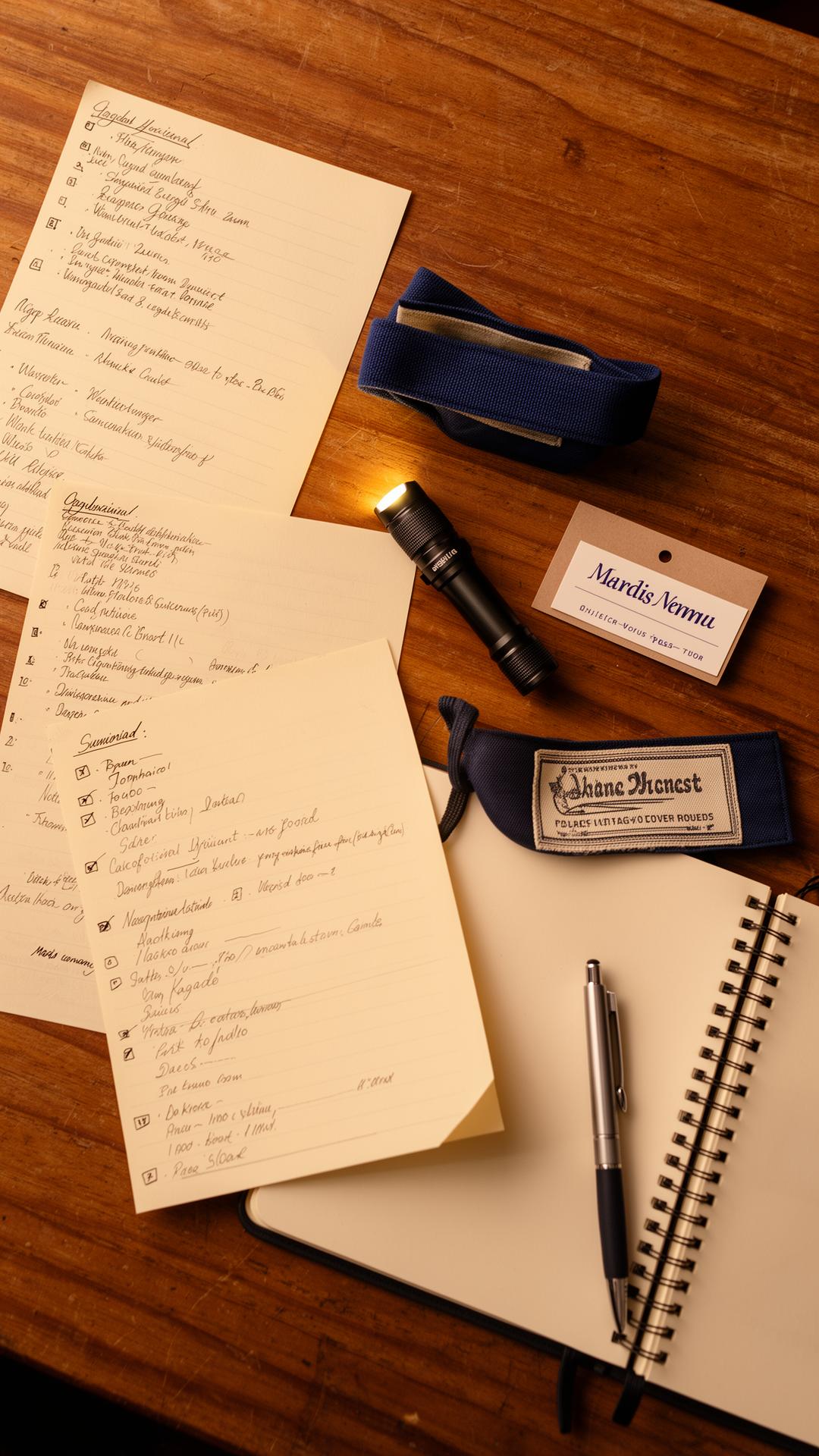 Mesa con listas, cuaderno, linterna y materiales de organización nocturna