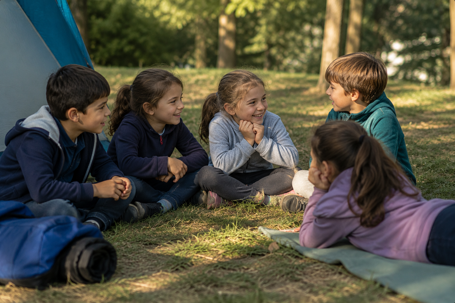 Niños y niñas conversando tranquilamente al aire libre
