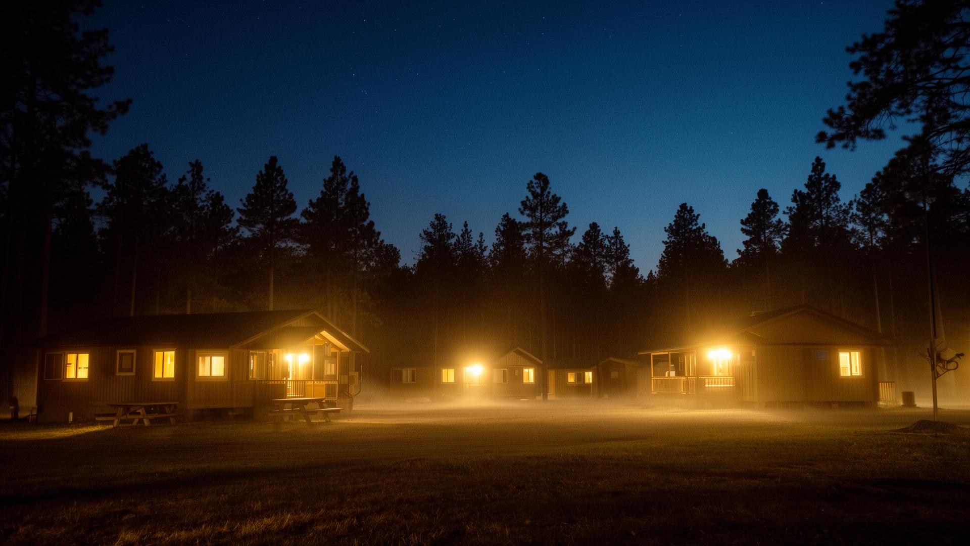 Cabañas iluminadas en un campamento al anochecer, con cielo nocturno